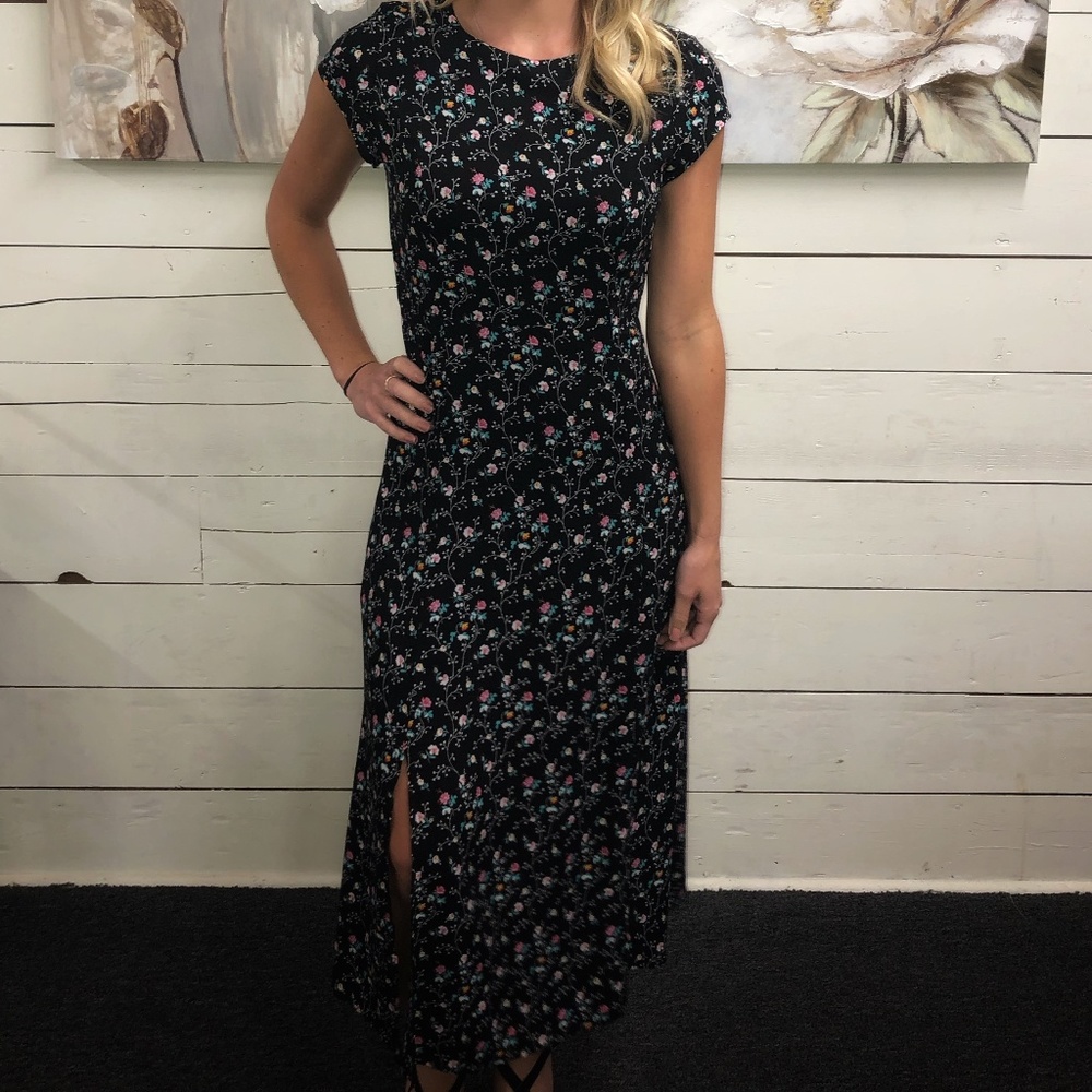 Floral Midi Slip Dress - Black